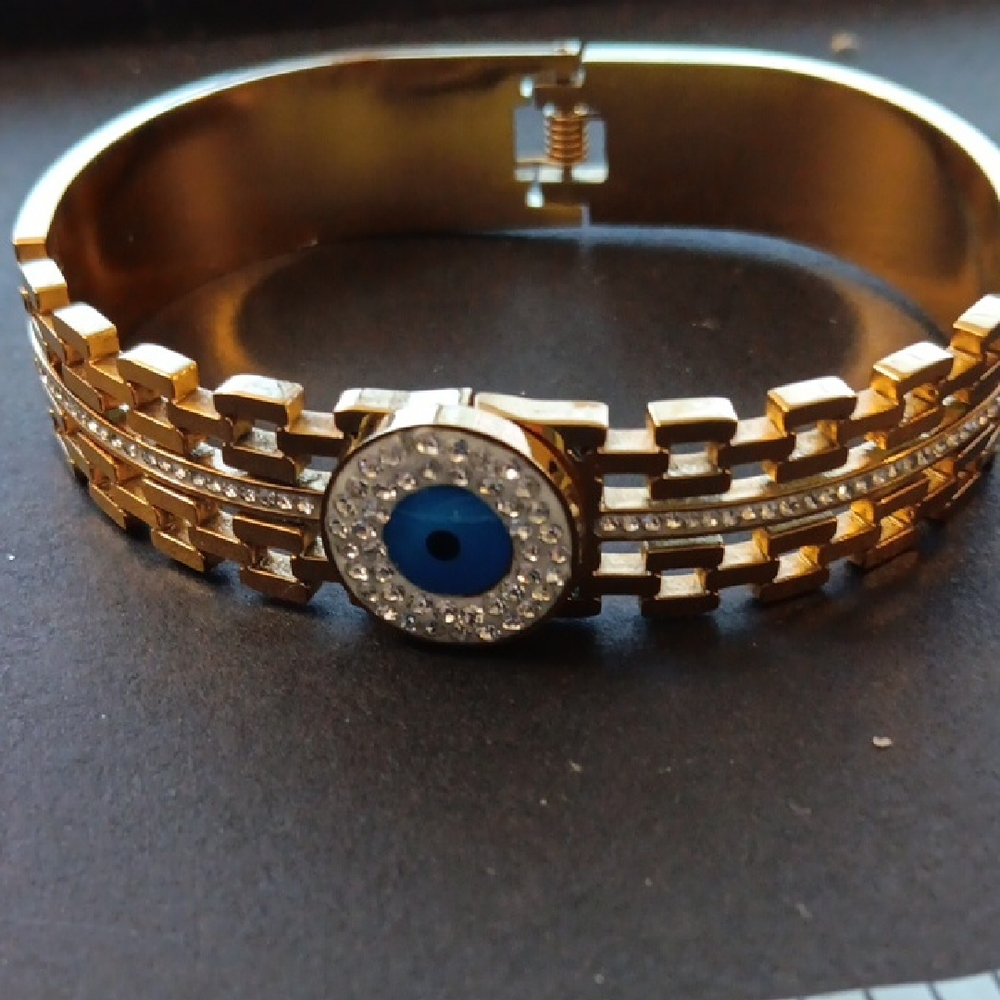 Gold and Blue Evil Eye Bangle Bracelet